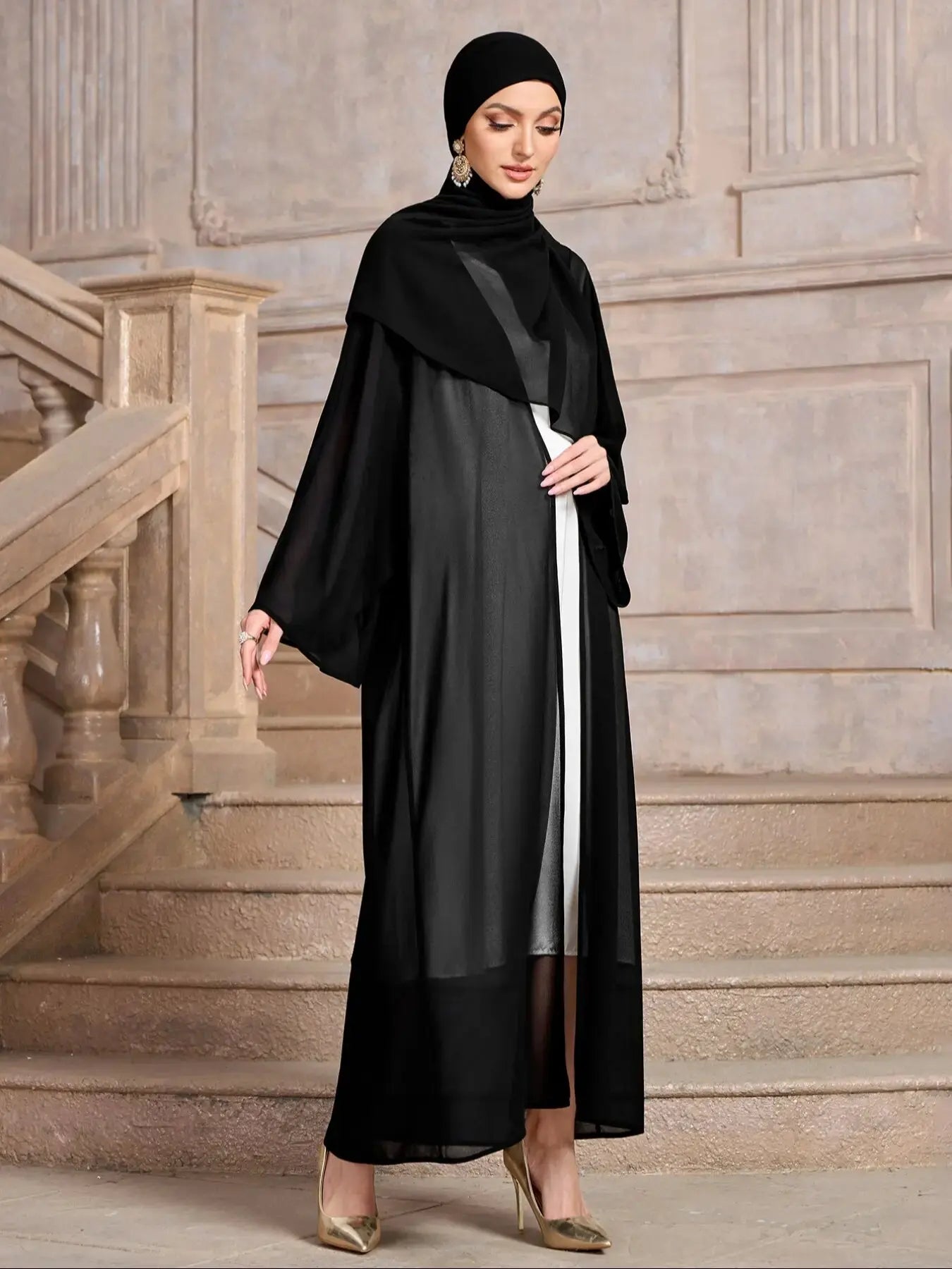 Ramadan Abaya  Muslim's Women Kebaya Solid Color Open Front Modest Cover Up, Versatile Long Sleeve Maxi Loose Outwear With Hijab.