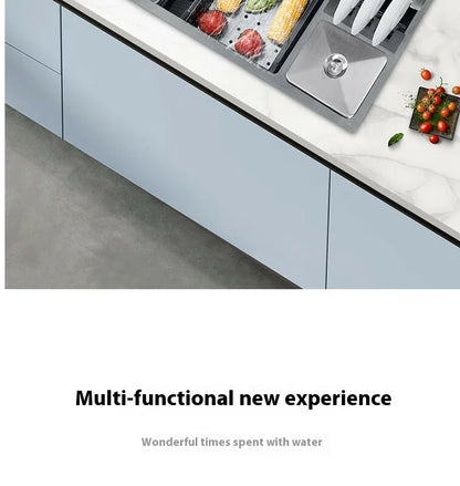 Stainless Steel Kitchen Sink Large Size Single Slot Multifunctional With Trash Can and Drain Rack Household Wash Dish Basin