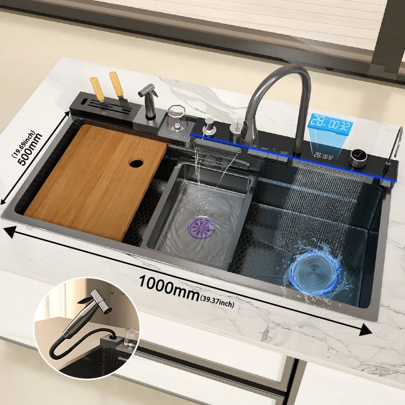 Goldene Küchenspüle aus Edelstahl, multifunktionale Wasserfall-Auslass, Einzelschlitz, Klavierknopf, Digitalanzeige