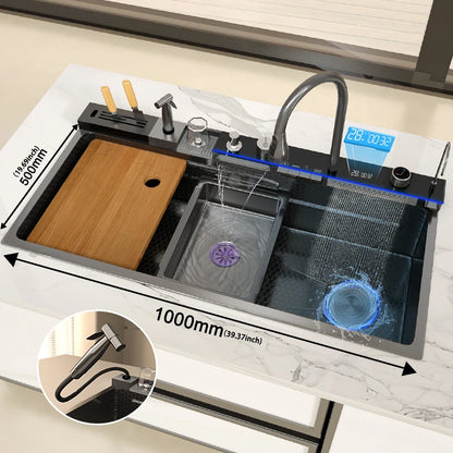 Goldene Küchenspüle aus Edelstahl, multifunktionale Wasserfall-Auslass, Einzelschlitz, Klavierknopf, Digitalanzeige