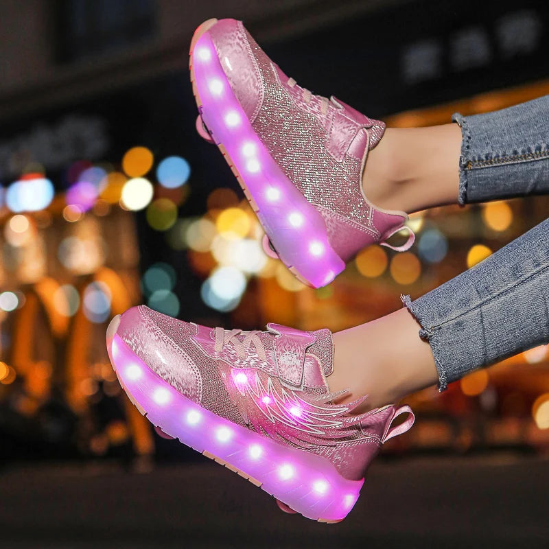 Boys Girls Roller Shoes LED Light Up USB Charging Children Roller Skate Casual Skateboarding Shoes Sports Shoes Kids Sneakers.