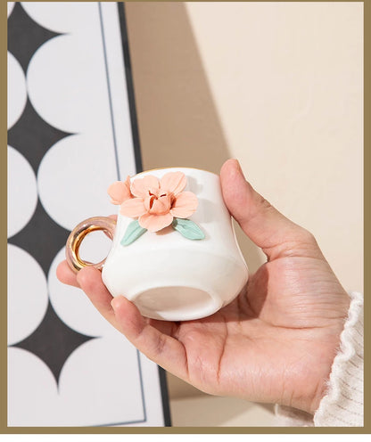 120ml Ceramic Coffee Cup Saucer Set Hand Pinched Flowers with Hand and Dish Milk Tea Porcelain Drinkware Tableware Gift.