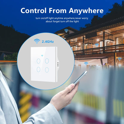 Tuya Wifi Smart Touch Licht EU Schalter Drahtlose Fernbedienung LED Licht Schalter Kein Neutralleiter Erforderlich 1-4 Gang Alexa Google Hause.