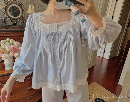 Sweet Spring Autumn Pure Cotton Women's Long Sleeve Pajama Set Loose Female Sleepwear Suits Royal Pyjama Home Wear Plus Size.