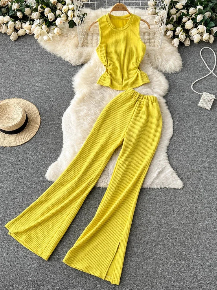 Korean Suits Women's Two Piece Set Summer Slim Fit Sleeveless O-neck Tops High Waist Slits Trousers Two-piece Suit Female D1109.