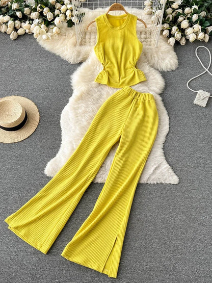 Korean Suits Women's Two Piece Set Summer Slim Fit Sleeveless O-neck Tops High Waist Slits Trousers Two-piece Suit Female D1109.