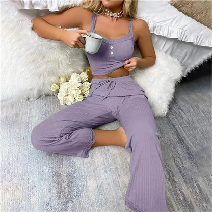 Zweiteiliges Pyjama-Set für Frühling und Sommer für Damen, Nachtwäsche, Spitzen-Hosenträger, Oberteile und lange Hosen, Pijamas, Loungewear.