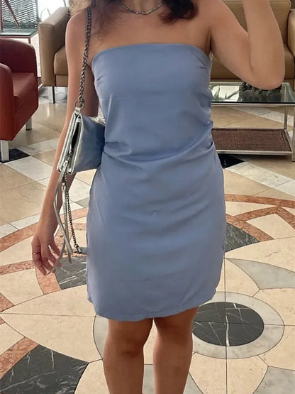 MUJER Off Schulter Mini Kleid Frau Blau Schwarz Weiß, Figurbetontes Kleid Frauen Backless Ärmellose Sommer Sexy Party Kurze Kleider.