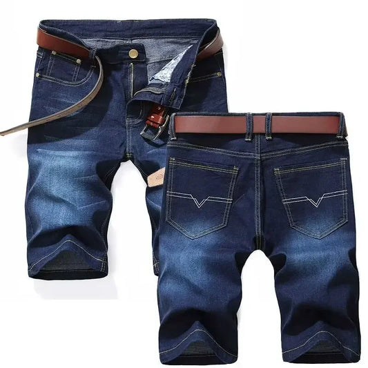 Summer Casual Men's Denim Shorts 5-Point Straight Leg Mid-Length Jeans plus Size Comfortable Fit Classic Blue Color.