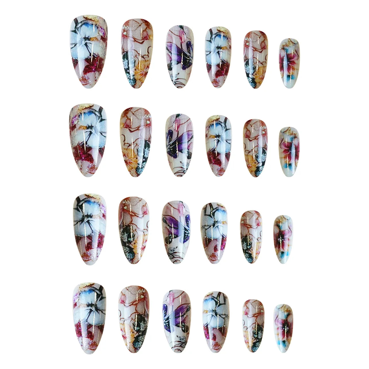24pcs/set Medium long square fake nails for women girls cute heart flowers feather butterfly design press on false nail art tips