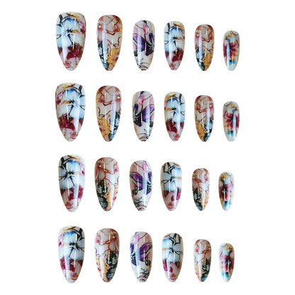24pcs/set Medium long square fake nails for women girls cute heart flowers feather butterfly design press on false nail art tips