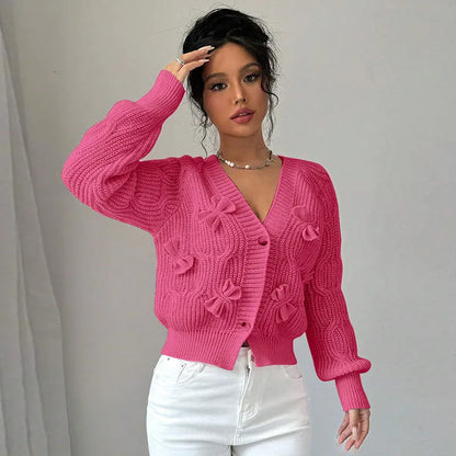 2025 Autumn And Winter Solid Color Long-sleeved Bow Knit Cardigan Jacket New Women's Elegant V-neck Button Versatile Sweater Top.