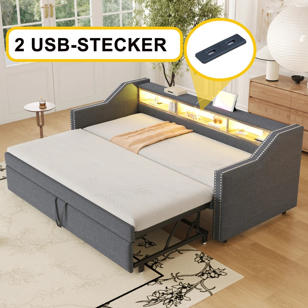 Ausziehbares Schlafsofa 90/180 x 190 cm, multifunktionales Aufbewahrungsfach, LED-Licht und USB-Buchse, mit Gitter, Dunkelgrau