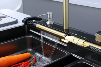 Golden Household Stainless Steel Waterfall Kitchen Sink MultiFunction Wash Vegetable and Dish Countertop Basin Large Single Slot