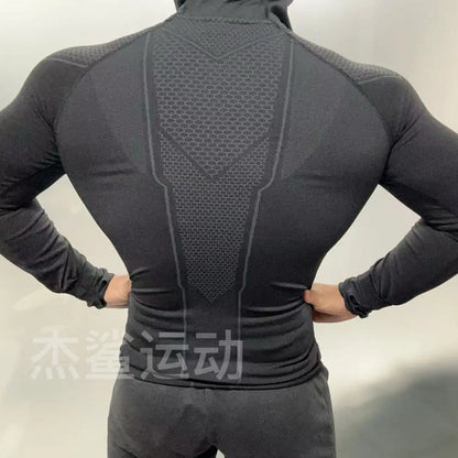 Men's Quick Dry Breathable Slim Fit Elastic Hooded Zipper Long Sleeve Fitness T-Shirt for Gym Sports Casual.