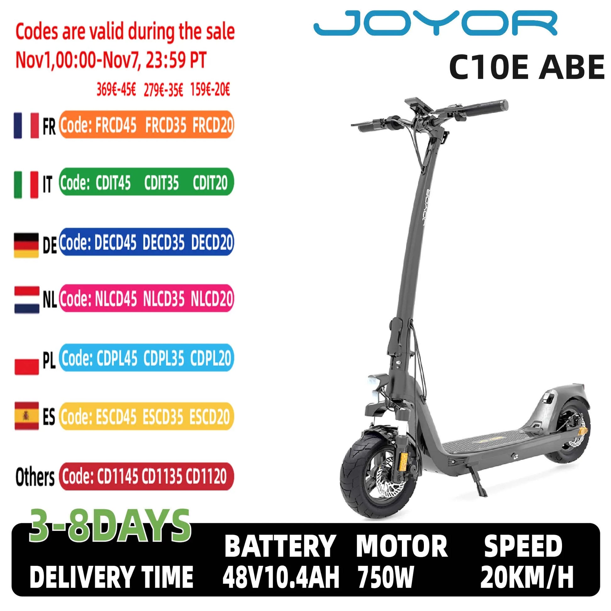 JOYOR C10E ABE Electric Scooter for Adults 10" E-Scooter with 48V 10.4Ah Removable Battery 20km/h.