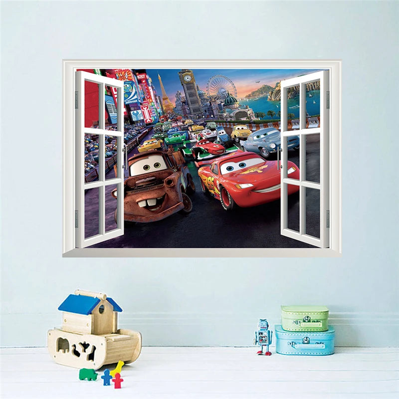3d Macqueen Cars Broken Hole Wall Sticker For Kids Bedroom Home Decoration Cartoon Anime Mural Art Pvc Movie Poster Boys Decals.