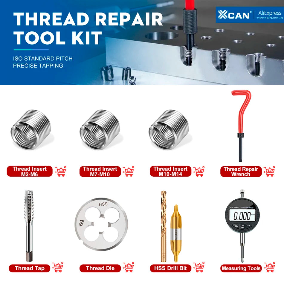 XCAN Gewindereparaturwerkzeug, 25 Stück, M3/M4/M5/M6/M7/M8/M10/M12/14 zur Wiederherstellung beschädigter Gewindeschraubenschlüssel, Spiralbohrer, Handwerkzeug