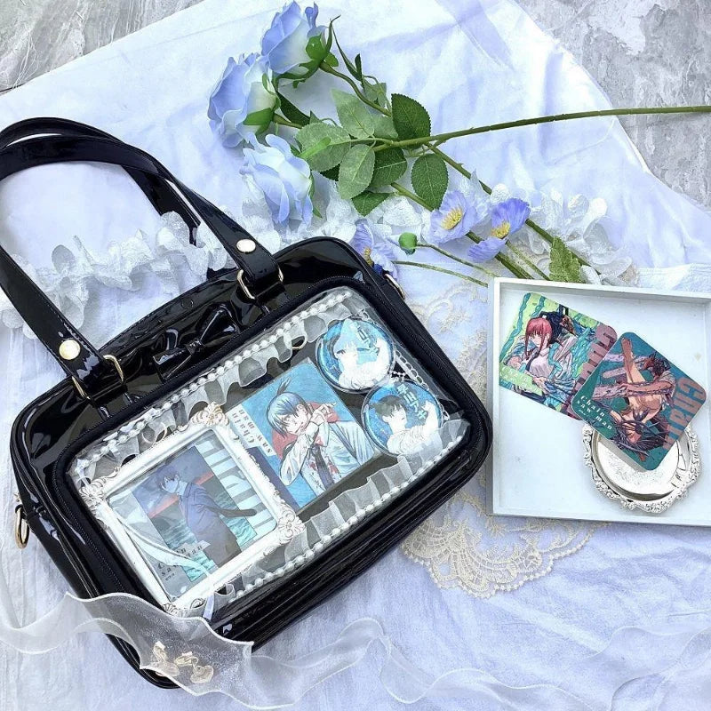 Y2K Cute Bow Ita Bag Girl Transparent Messenger Bag Women Fashion Shoulder Crossbody Bag Ladys DIY Badge Tote Bag Lolita Handbag.