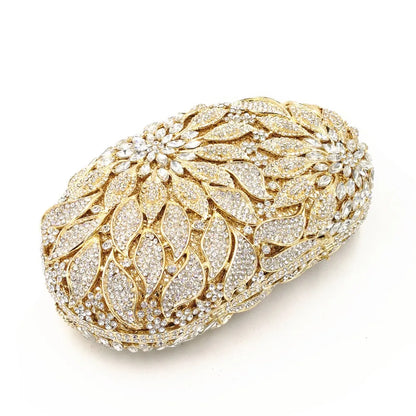 Gold Metal Leaves White Crystals Evening Clutch Bags Luxury Women Wedding Party Purse Ball Handbags Rhinestone Mini heart bag.