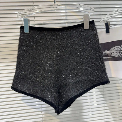 Trendy Women's Solid Color Bright Silk Woolen Shorts 2024 Autumn Fashion New Items High Waist Short Pants Female