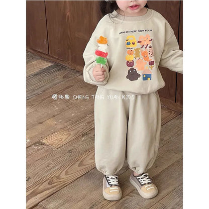Baby Cute Sets Girls Sports Printing Sweater Sweatpants Suit Autumn New Children's Round Neck Casual Fashion Thin Two-Piece 2-8Y.