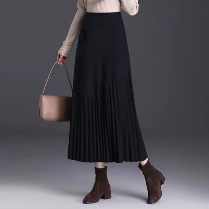 Temperament Autumn Winter New Skirts Women Solid High Waist Pleated Fashion Office Lady A-line Mid-length Knitting Pleated Skirt