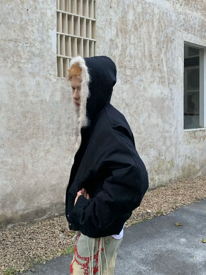 American Retro Woolen Collar Hooded Cotton Jacket Winter Thick Plush Top Men Street Hip-Hop Gothic Harajuku Oversize Jacket Coat.