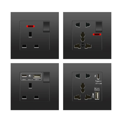 Schwarze UK 13A Wandsteckdose mit USB Typ C 18W Schnelllade-Steckdose, Wandsteckdose mit USB-Ladegerät, Schalter mit Steckdose.