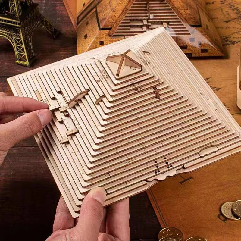 Unique Gifts Wooden Pyramid Puzzle Box With Hidden Compartment Brain Teaser For Adults Kids IQ Challenge Mind Games.