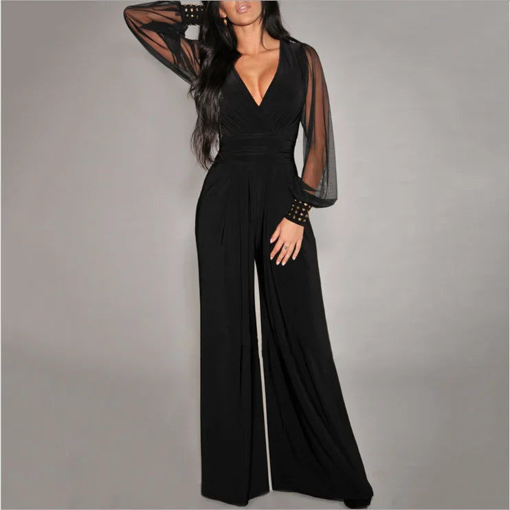 Autumn New Women's Jumpsuit Black V-neck Mesh Splicing Wide-leg Pant Female One-piece Jumpsuit Sexy Streetwear Clothes.