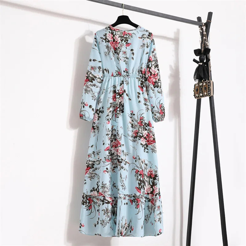 Women Floral Printed Maxi Dresses Spring Summer Casual O Neck Full Sleeve High Waist A Line Boho Beach Party Long Dress Vestidos