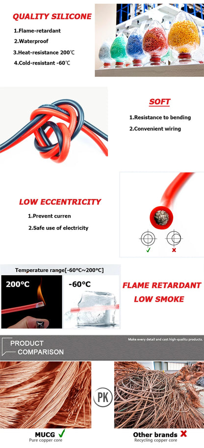50m Silicone cable Black Red Heat-resistant Flexible cord Super soft Battery charging Electrical wires 7 8 9 10 11 12 13 14 AWG.