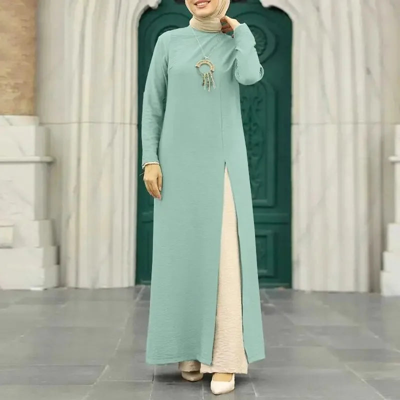 Muslim Women's Long Sleeve Crepe High Split Hem Dress