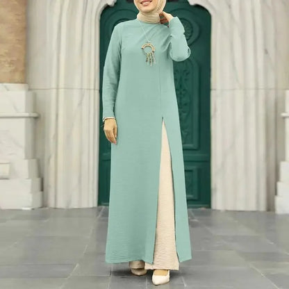 Muslim Women's Long Sleeve Crepe High Split Hem Dress