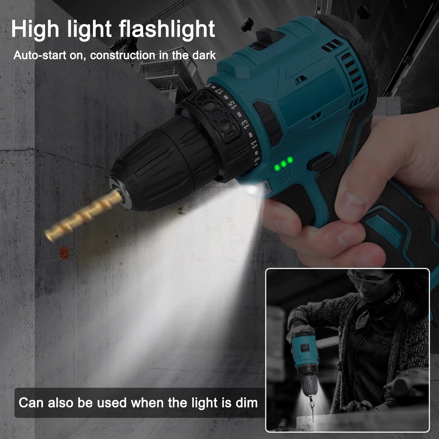 2in1 Akku-Elektroschrauber Bohrer Bürstenloser Motor 45/55 Nm Drehmoment Stufenlose Geschwindigkeitsregelung Hand-Lithium-Treiber-Bohrmaschine