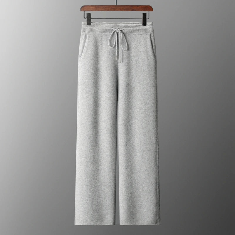 4PINK Thickened 100% Pure Cashmere Pants Men High Waist Knitted Wide Leg Pants Solid Color Lace Up Straight Pants Elastic Waist.