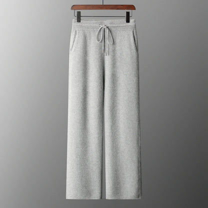 4PINK Thickened 100% Pure Cashmere Pants Men High Waist Knitted Wide Leg Pants Solid Color Lace Up Straight Pants Elastic Waist.