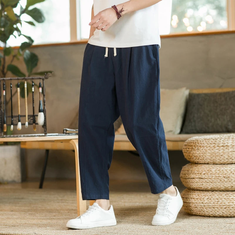 Men's Trousers Cotton Linen Fashion Casual Pants Solid Color Breathable Loose Shorts Straight Drawstring Pants Streetwear Men.