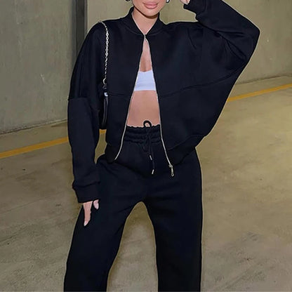 BKLD 2025 Casual Women's Tracksuit Sets Zip-up Loose Cropped Cardigan+Drawstring Sweatpants Solid Fashion Running Street Outfits.