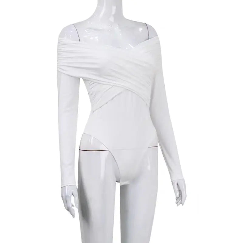 Sexy Off Shoulder Bodysuits Women Fashion Black Crossed Folds Skinny Rompers Long Sleeve Fashion Streetwear Autumn Bodysuits New