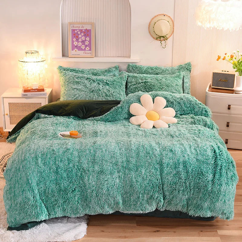 3Pcs Super Shaggy Coral Fleece Warm Cozy Princess Bedding Set Mink Velvet Duvet Cover Set Bed Comforter Cover Blanket Pillowcase.