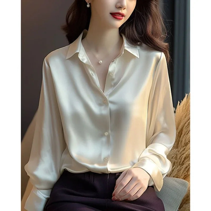 Spring Autumn New Women's Solid Color Polo-Neck Button Elegant Loose Long Sleeve Versatile Commuter French Unique Shirt Tops.