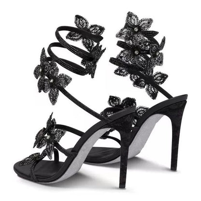 Eilyken Sexy CRYSTAL Flower Thin High Heels Women Sandals Street Style Narrow Band Ankle Strap Pole Dancing Ladies Shoes.