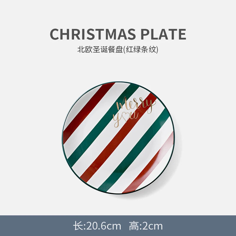 1pc Merry Christmas Ceramic Dinner Dish Plate Set Mug Dessert Cake Pastry Fruit Serving Plate Decorative Tableware