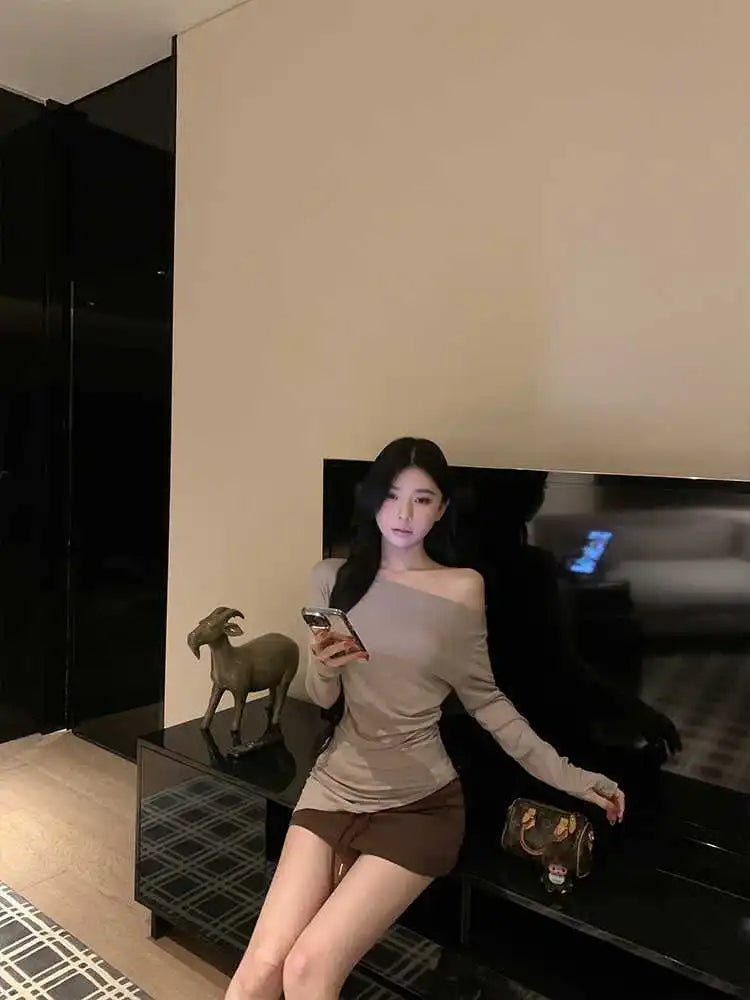 Sexy Long Sleeve T-Shirt Shoulder Bared Waist Cinched Slim Fit Knitted Cotton Solid Color Casual Urban Style for Early Autumn