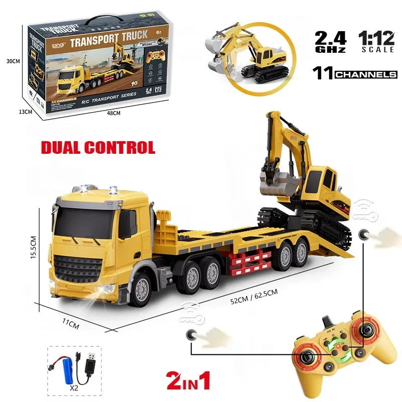 2 In 1 Rc Truck Combination Set Trailer Flat Trucks with 11Ch Excavator Engineer Vehicle 2.4G Remote Control Car Christmas Gifts.