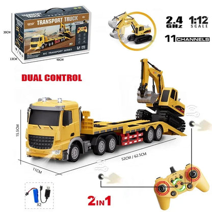 2 In 1 Rc Truck Combination Set Trailer Flat Trucks with 11Ch Excavator Engineer Vehicle 2.4G Remote Control Car Christmas Gifts.