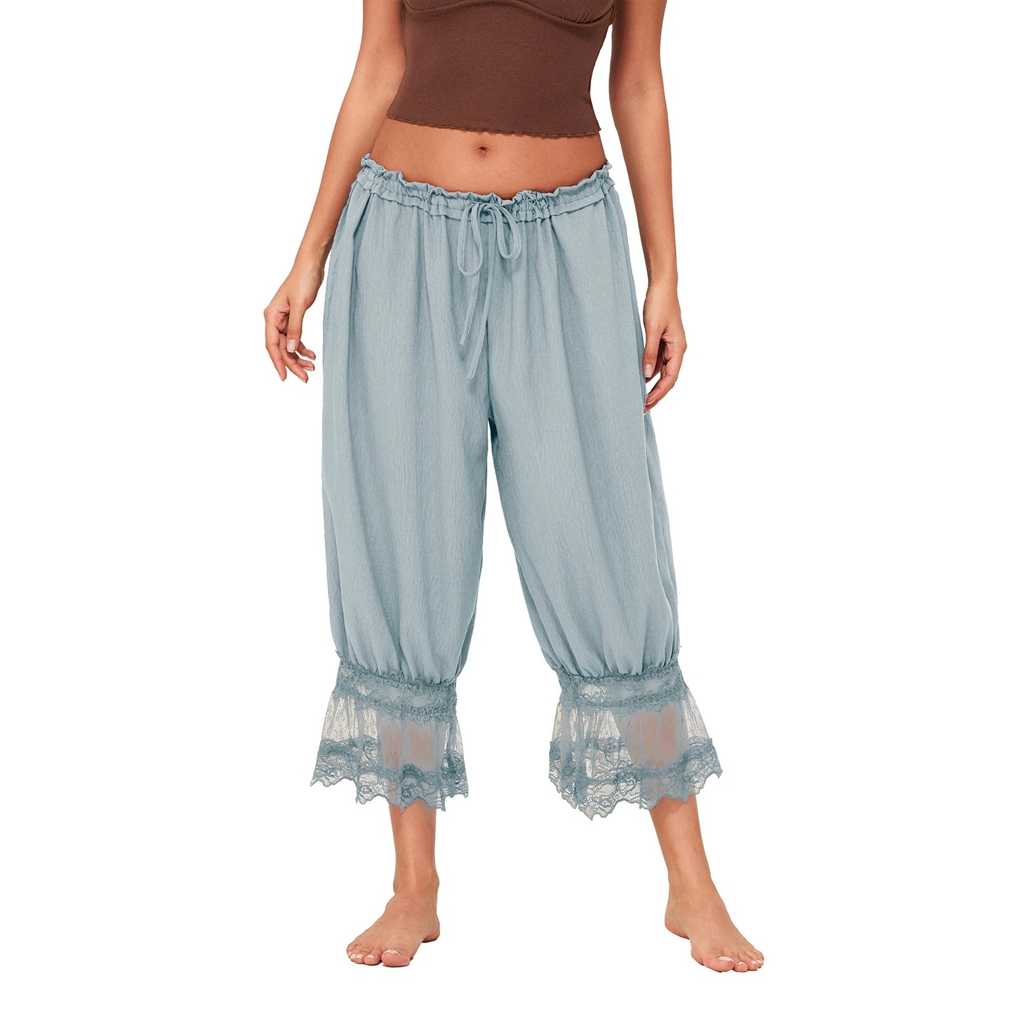 Combhasaki Women's Y2K Loose Fit Bloomers Cropped Pants Drawstring High Waist Floral Lace Patchwork Calf-Length Lantern Trousers.