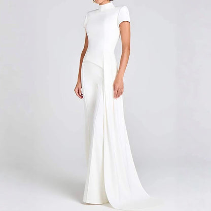 Simple Solid High Waist Straight Suit Office Elegant Party Outfit Women's Stand Collar Short Sleeved Top and Pants Two Piece Set.